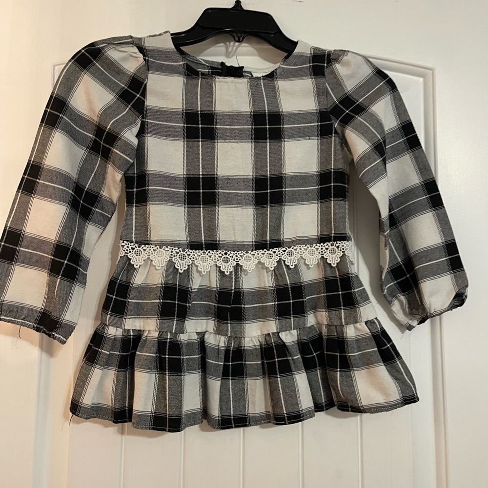 Rare Editions Black & White Plaid Lace-Trim Peplum Blouse size 7